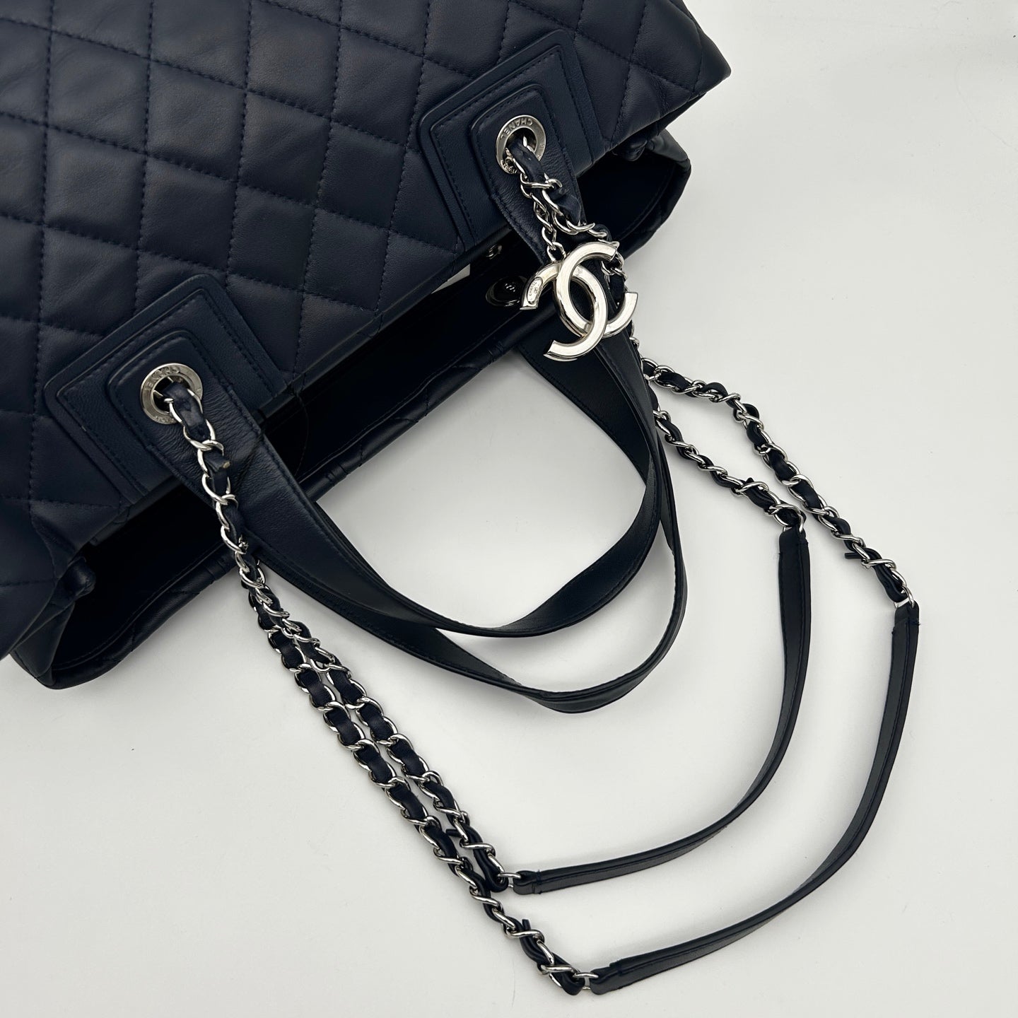 Chanel 2017 Cruise Cuba Collection Navy Blue Quilted Chain Travel Tote [Used]