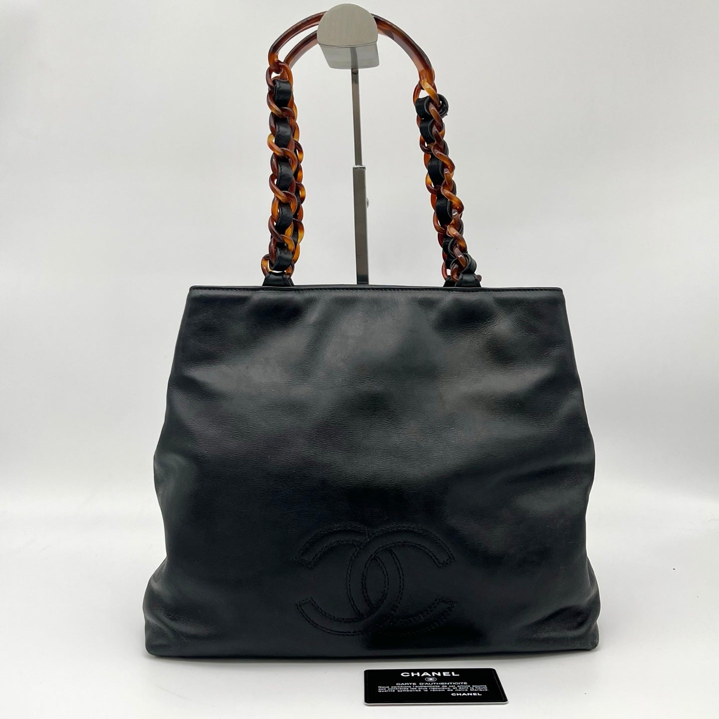 Chanel Black Lambskin Outline Logo Tortoiseshell Handle Tote Bag [Used]