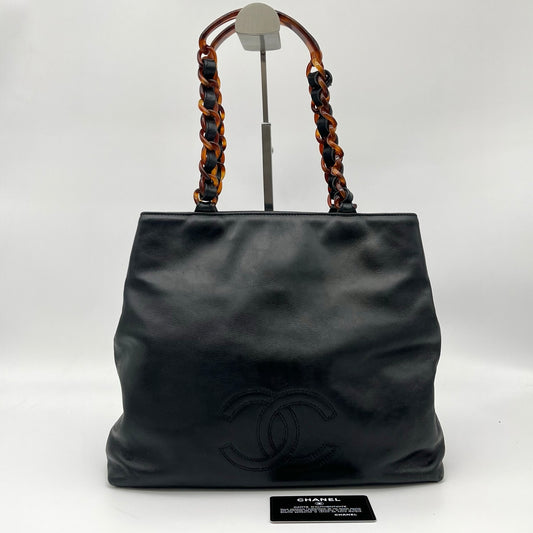 Chanel Black Lambskin Outline Logo Tortoiseshell Handle Tote Bag [Used]