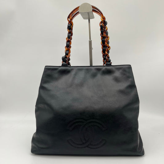 Chanel Black Lambskin Outline Logo Tortoiseshell Handle Tote Bag [Used]
