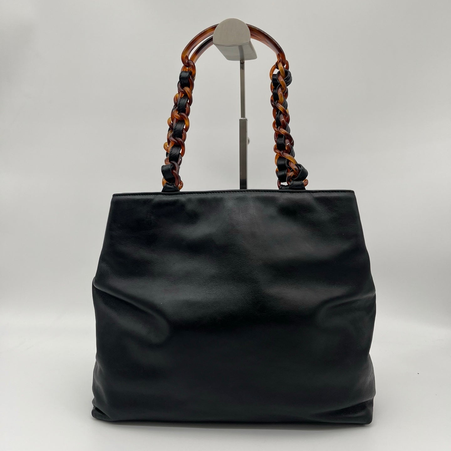 Chanel Black Lambskin Outline Logo Tortoiseshell Handle Tote Bag [Used]