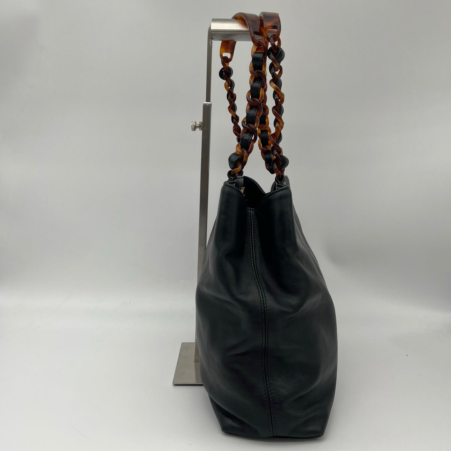 Chanel Black Lambskin Outline Logo Tortoiseshell Handle Tote Bag [Used]