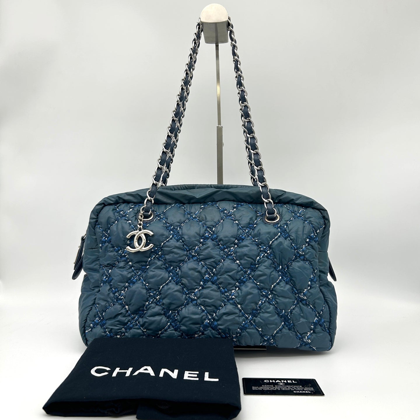 Chanel Dark Navy Quilted Down Tweed Bowling Handbag [Used]