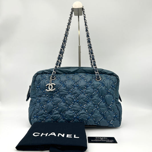 Chanel Dark Navy Quilted Down Tweed Bowling Handbag [Used]