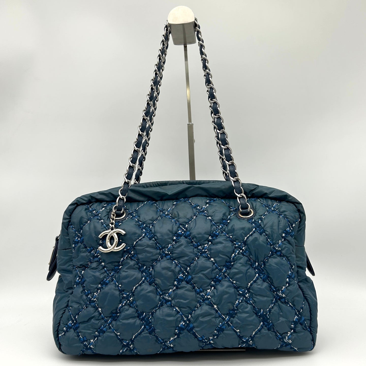Chanel Dark Navy Quilted Down Tweed Bowling Handbag [Used]