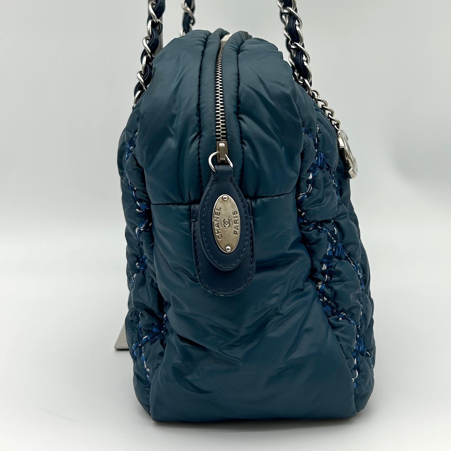 Chanel Dark Navy Quilted Down Tweed Bowling Handbag [Used]