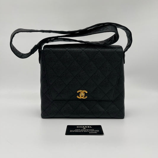 Chanel Black Caviar Leather Square Flap Shoulder Bag [Used]