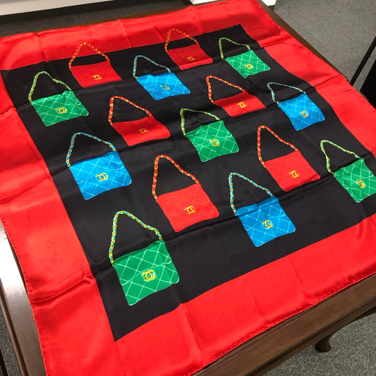 Chanel Red, Green & Blue CF Chain Bag Print Silk Scarf [Used]