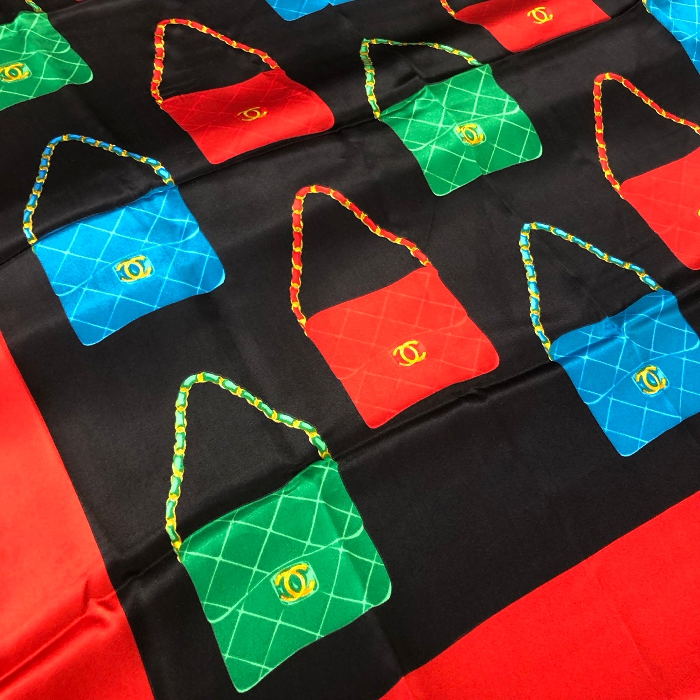 Chanel Red, Green & Blue CF Chain Bag Print Silk Scarf [Used]