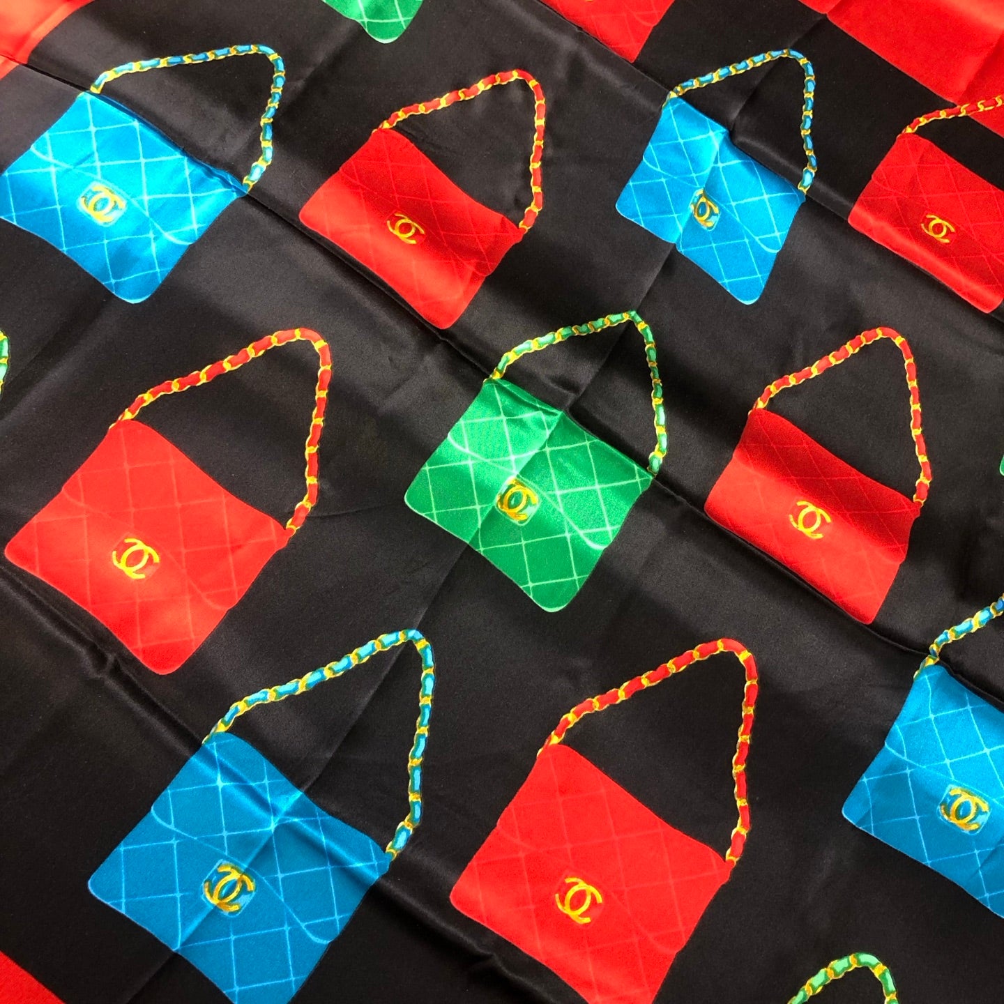 Chanel Red, Green & Blue CF Chain Bag Print Silk Scarf [Used]