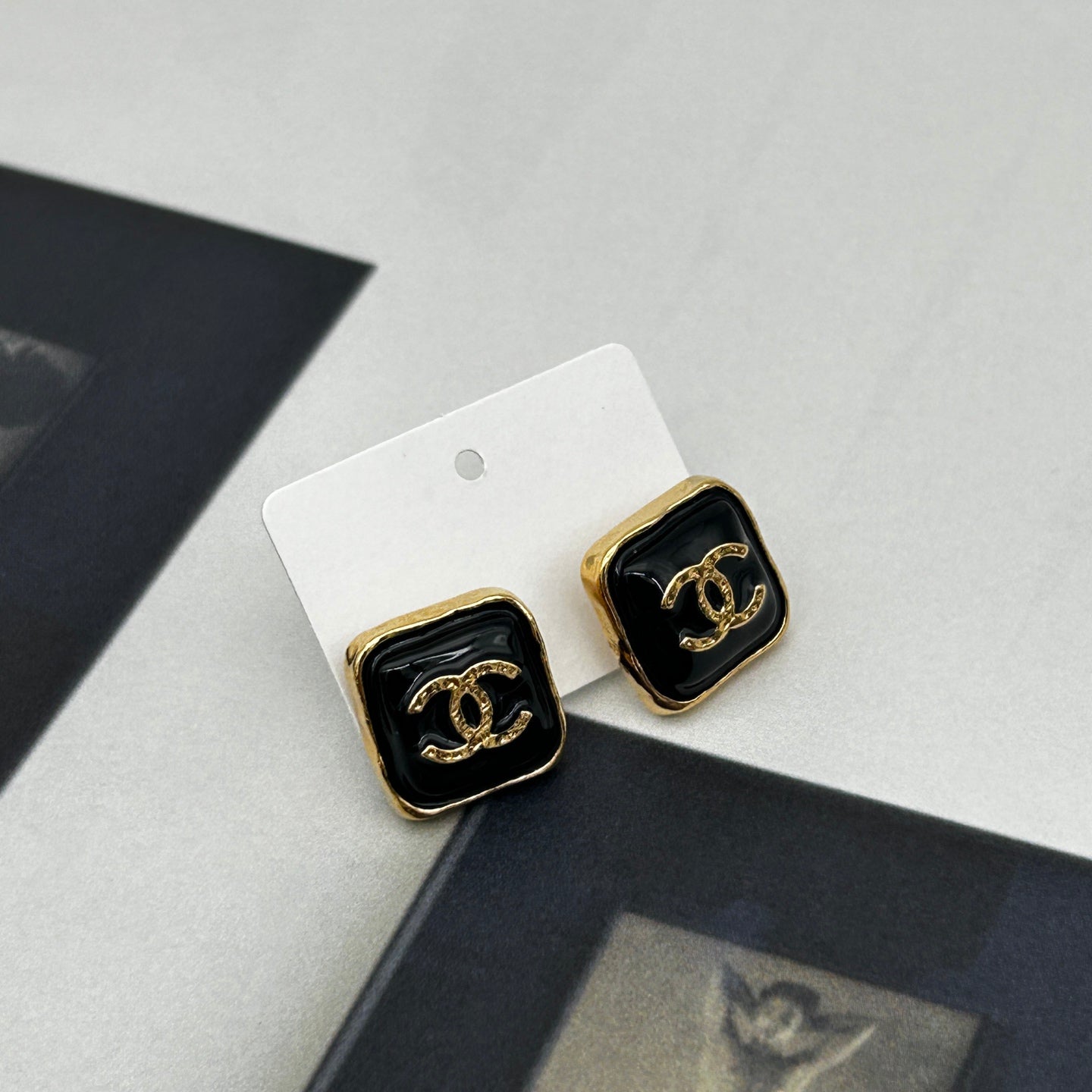 Chanel B23K Black Square Vintage Coco Mark Stud Earrings [Used]