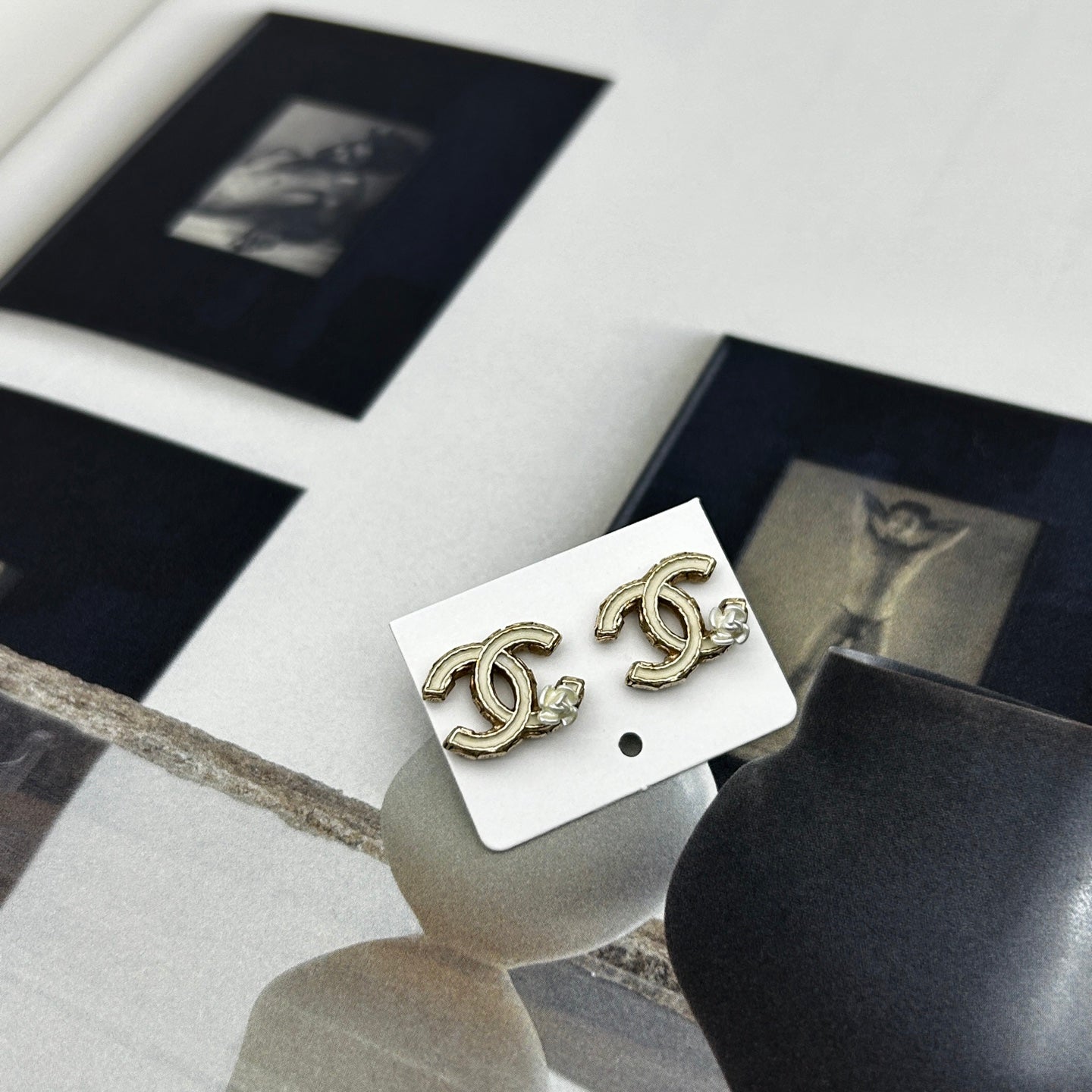 Chanel 12A White Camellia Coco Mark Stud Earrings [Used]