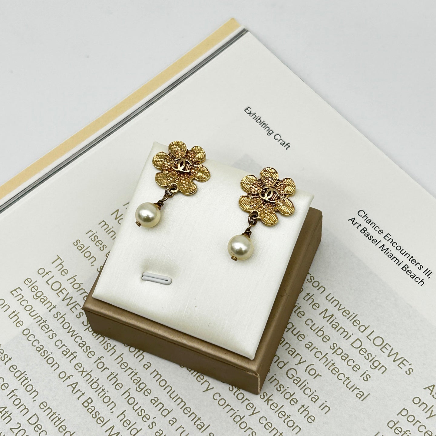 Chanel 08A Gold-Tone Floral Pearl Drop Stud Earrings [Used]