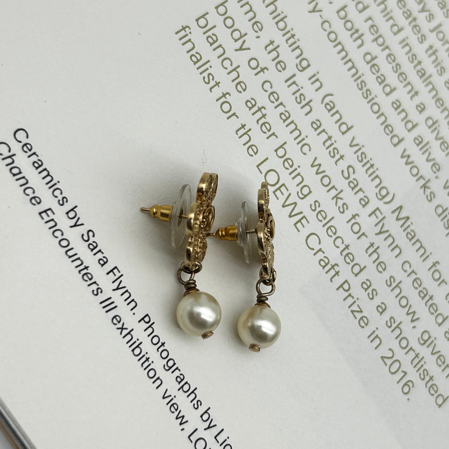 Chanel 08A Gold-Tone Floral Pearl Drop Stud Earrings [Used]