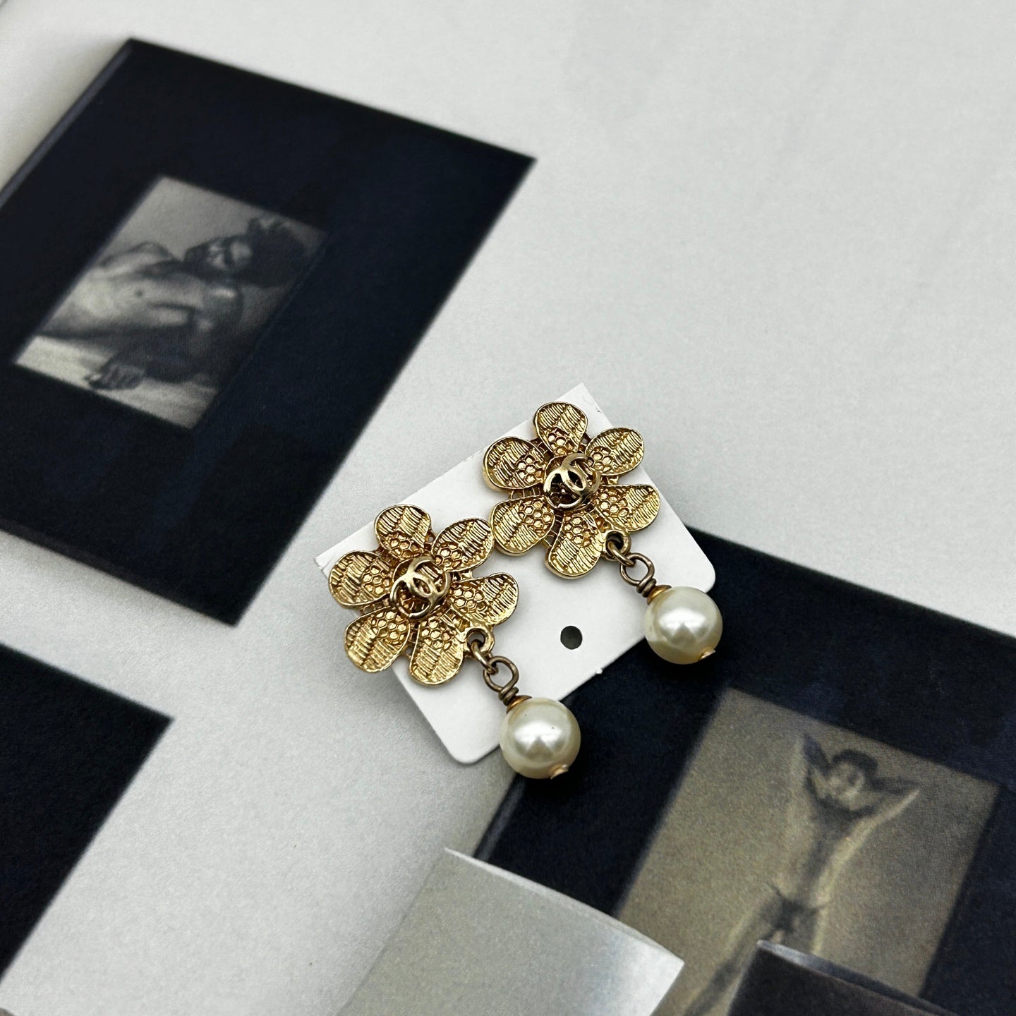 Chanel 08A Gold-Tone Floral Pearl Drop Stud Earrings [Used]