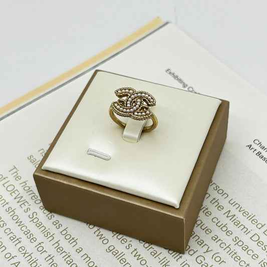 Chanel 12A Light Gold-Tone Coco Mark Pearl-Embellished Ring [Used]