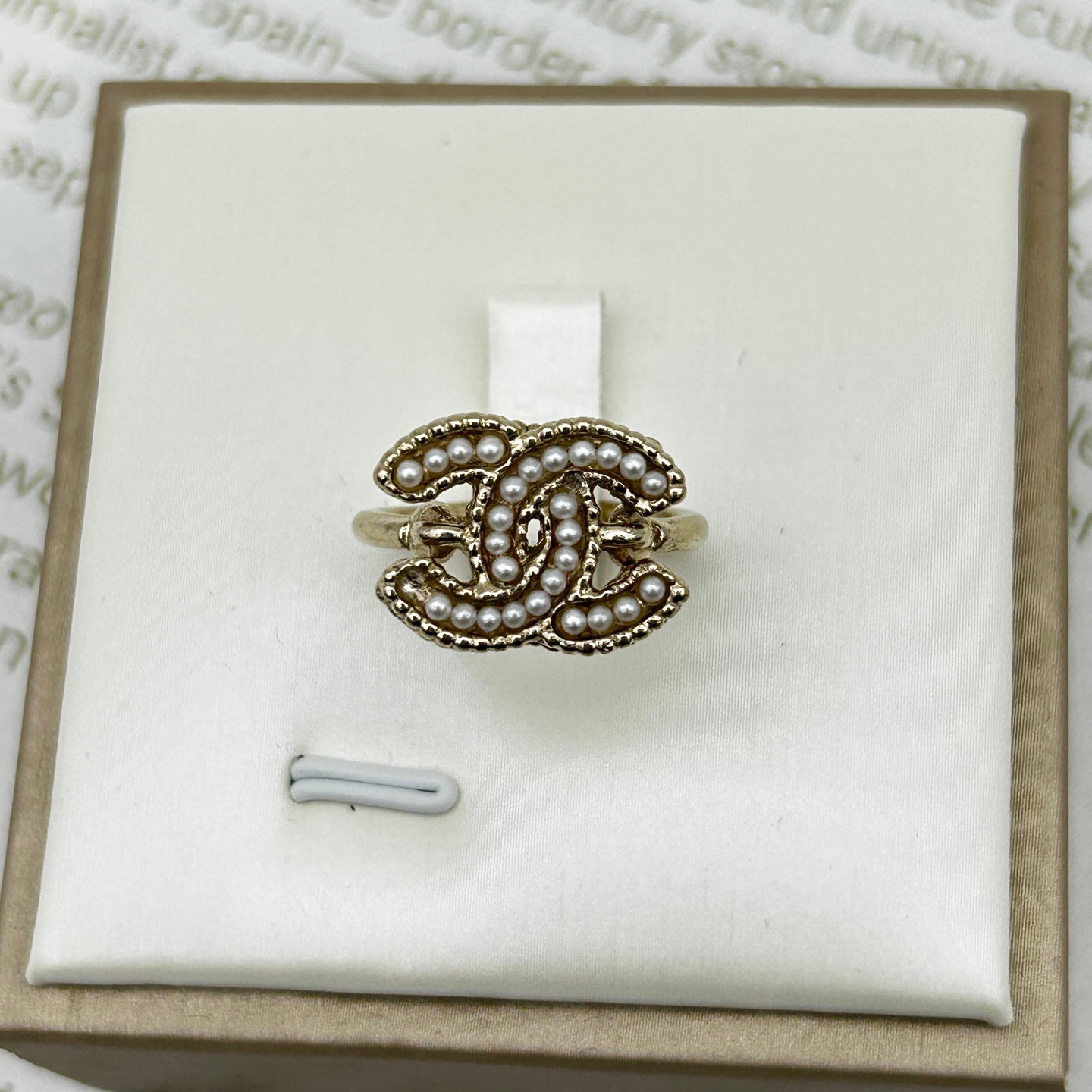 Chanel 12A Light Gold-Tone Coco Mark Pearl-Embellished Ring [Used]