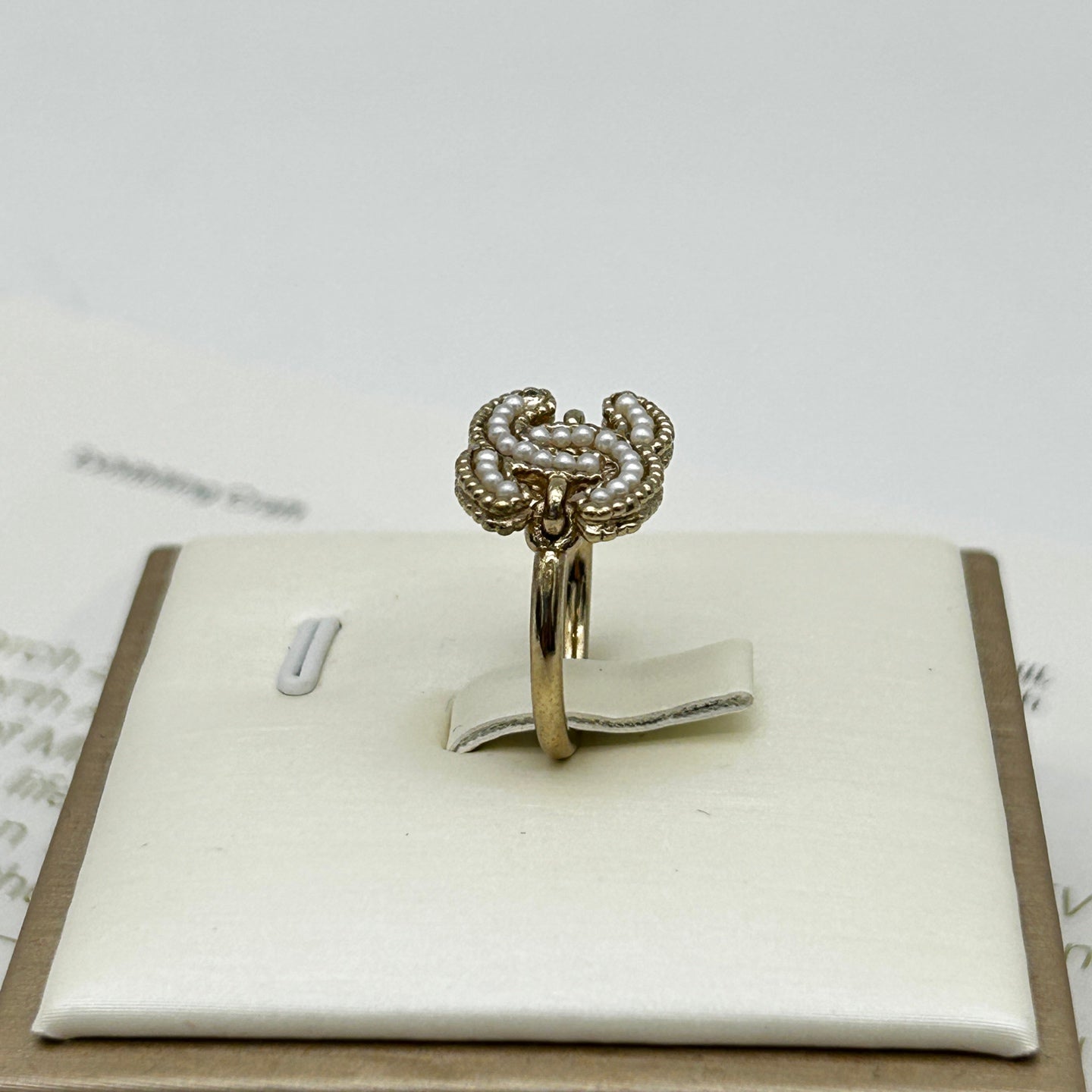 Chanel 12A Light Gold-Tone Coco Mark Pearl-Embellished Ring [Used]