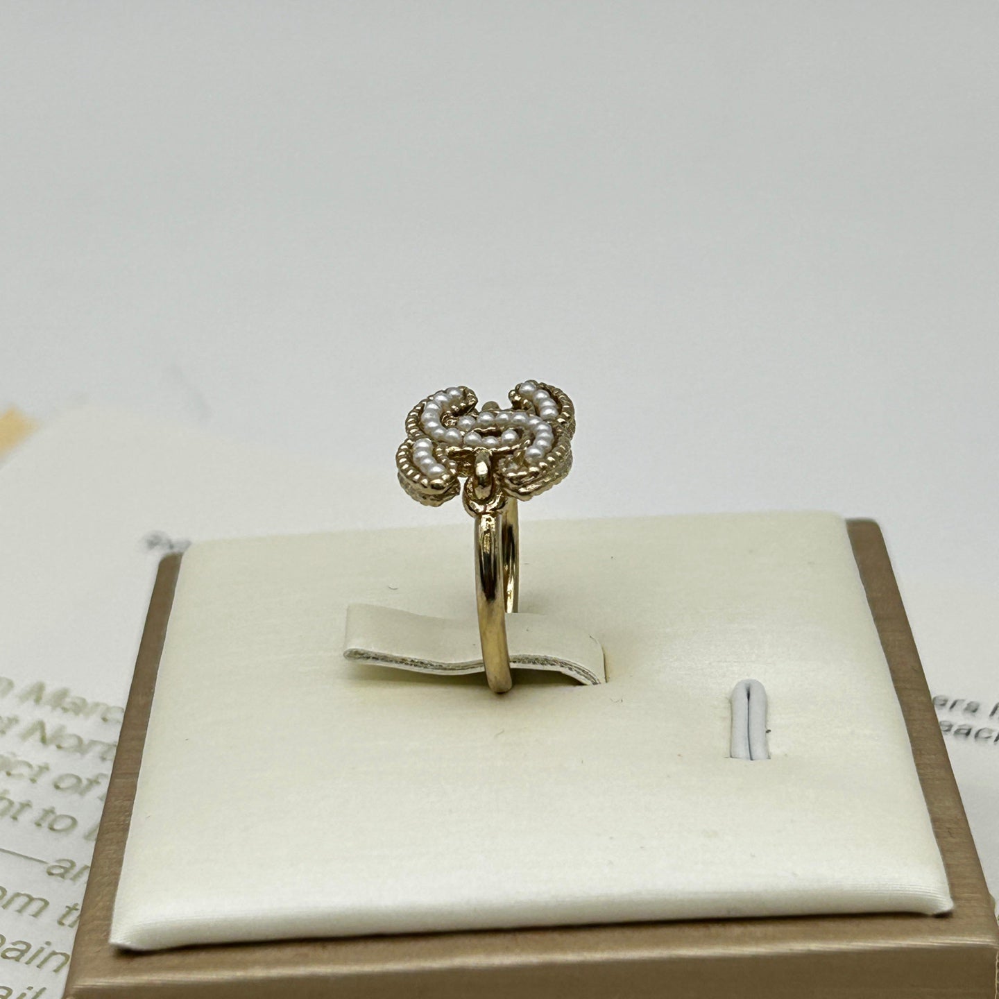 Chanel 12A Light Gold-Tone Coco Mark Pearl-Embellished Ring [Used]