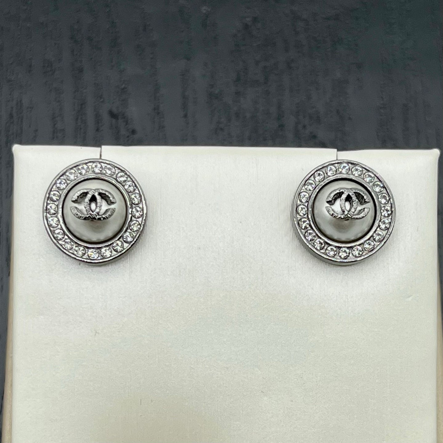 Chanel Silver-Tone Crystal Round Button Coco Mark Earrings [Used]