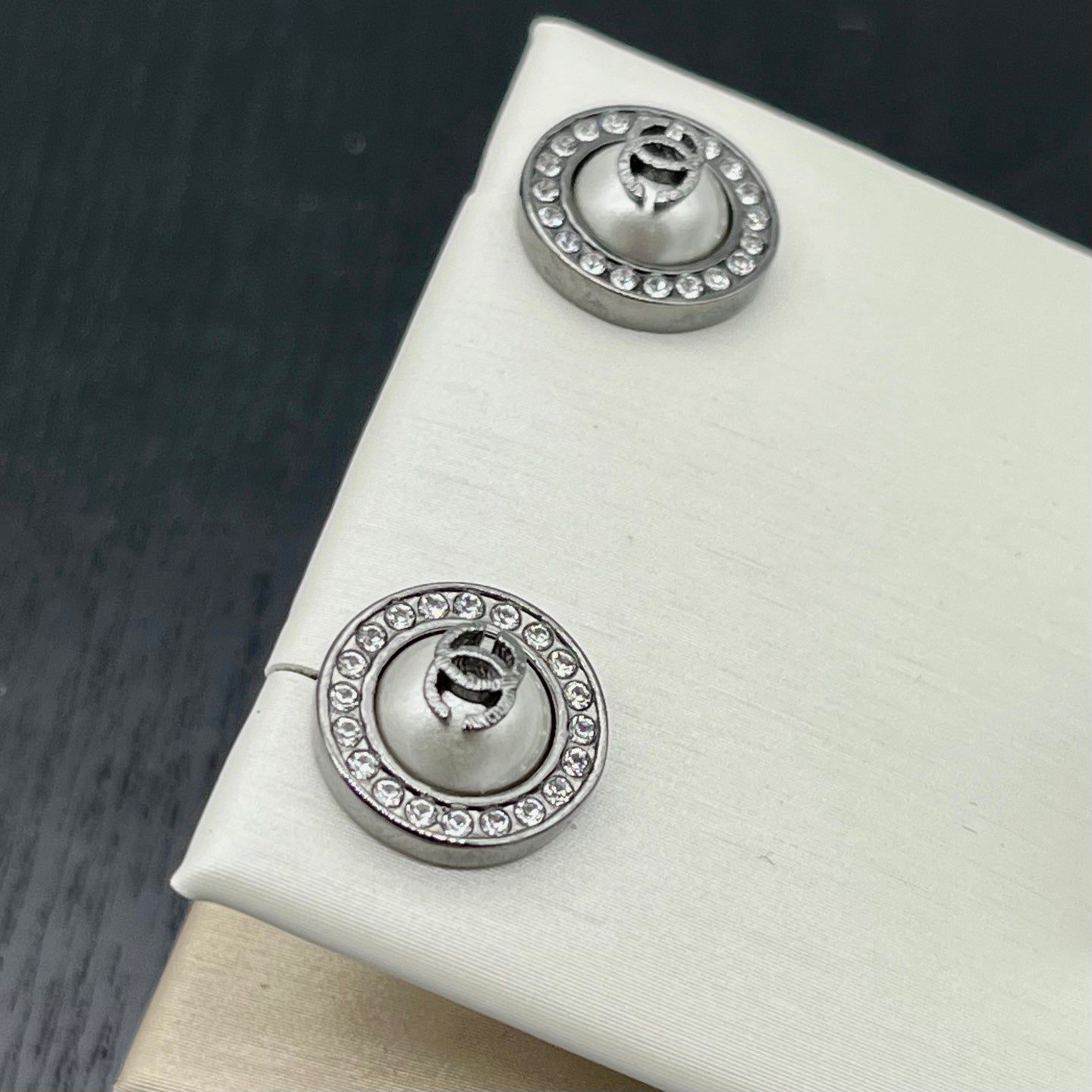 Chanel Silver-Tone Crystal Round Button Coco Mark Earrings [Used]