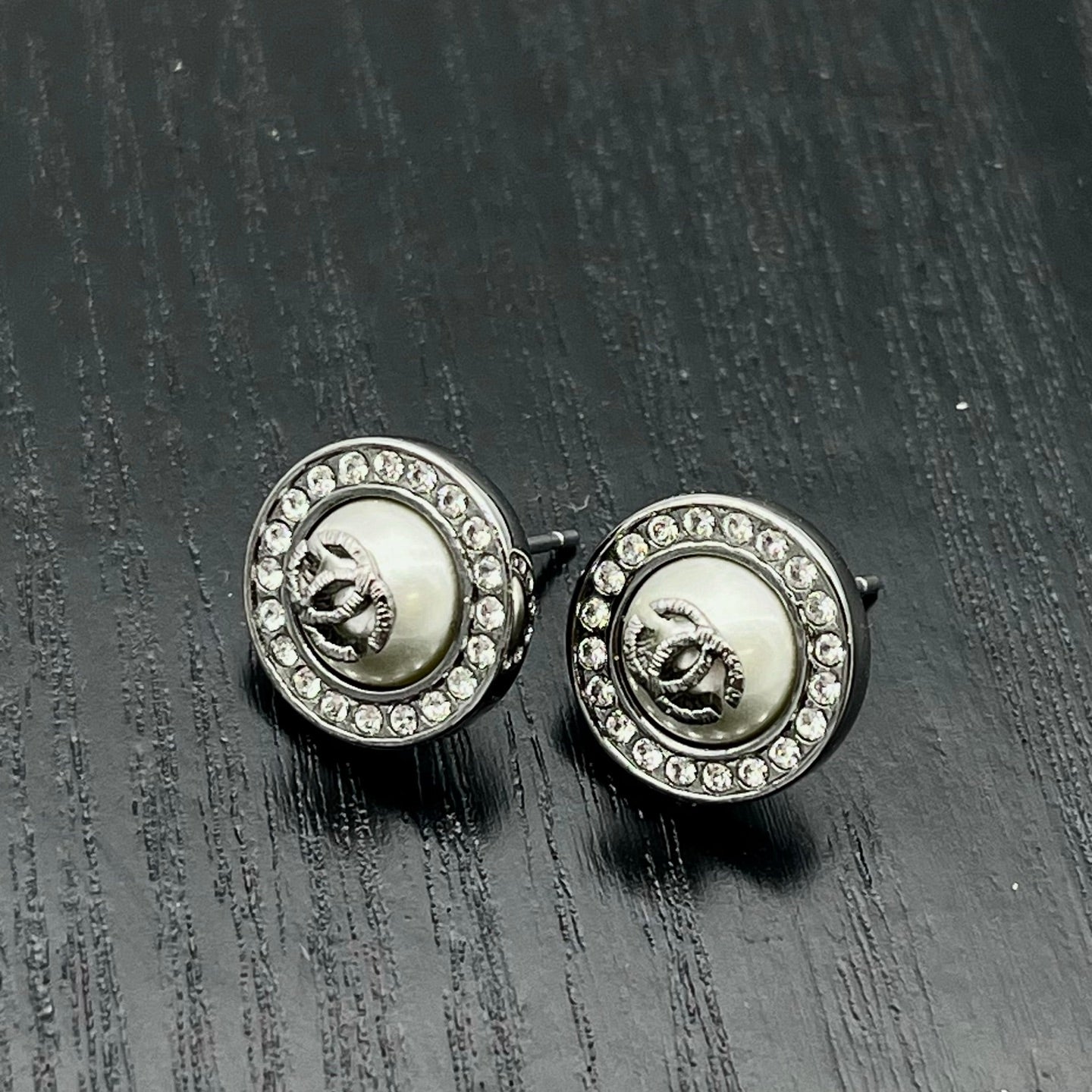 Chanel Silver-Tone Crystal Round Button Coco Mark Earrings [Used]