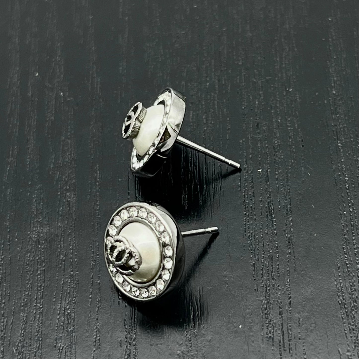 Chanel Silver-Tone Crystal Round Button Coco Mark Earrings [Used]