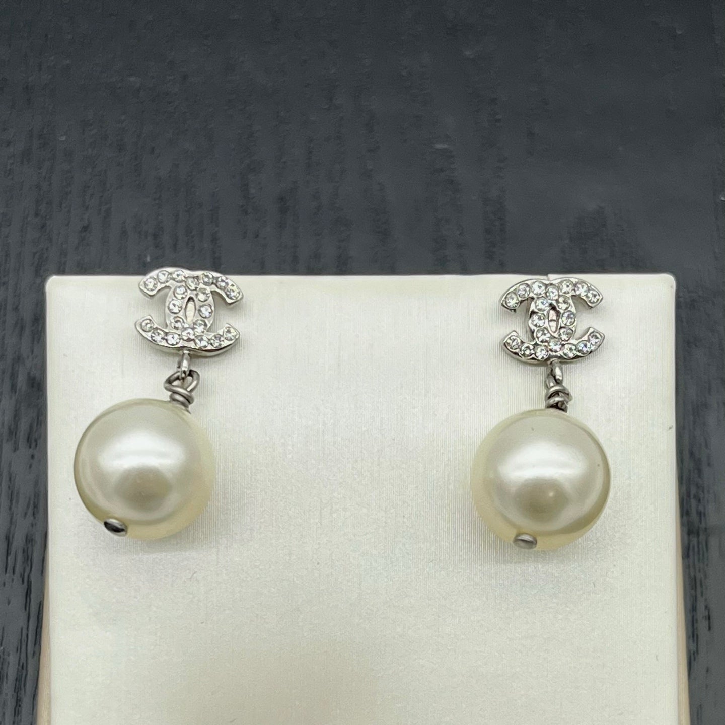 Chanel Silver-Tone Crystal CC Pearl Drop Earrings [Used]