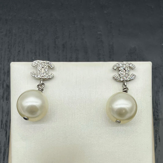 Chanel Silver-Tone Crystal CC Pearl Drop Earrings [Used]