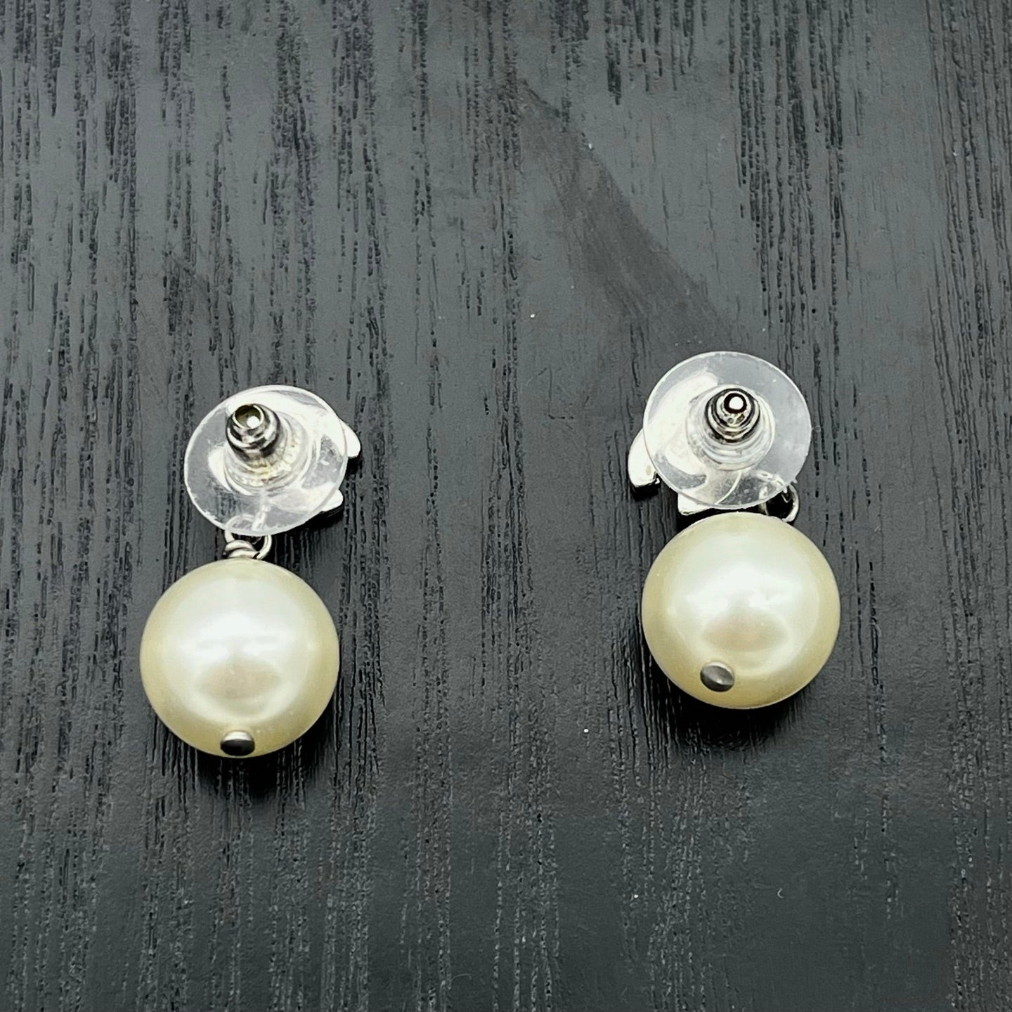 Chanel Silver-Tone Crystal CC Pearl Drop Earrings [Used]