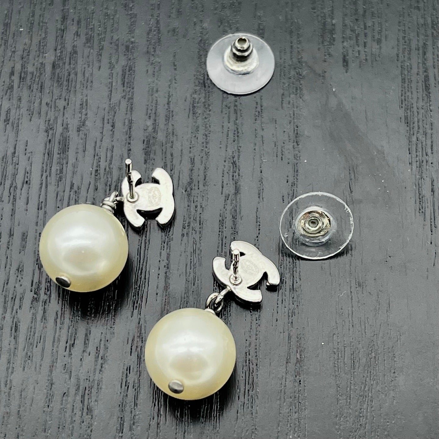 Chanel Silver-Tone Crystal CC Pearl Drop Earrings [Used]