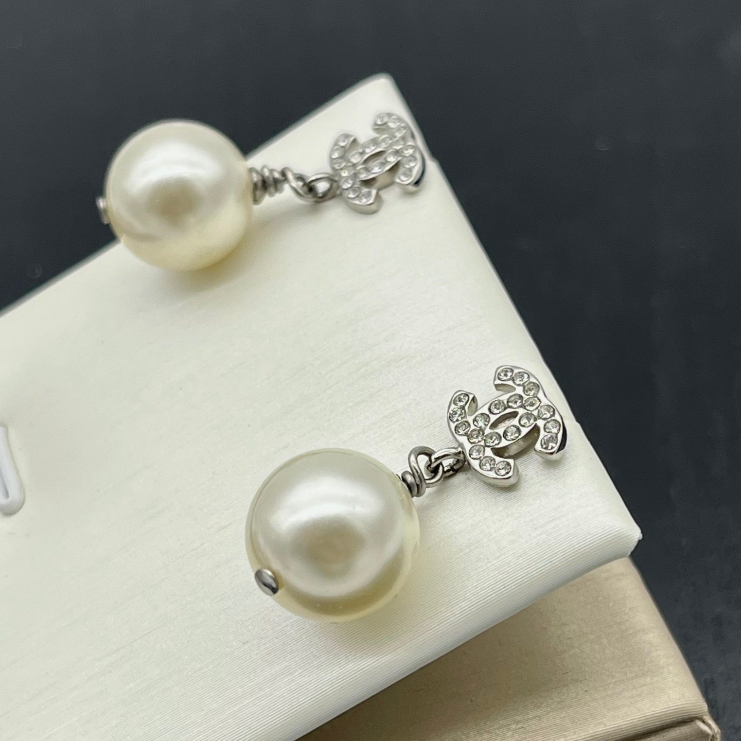 Chanel Silver-Tone Crystal CC Pearl Drop Earrings [Used]
