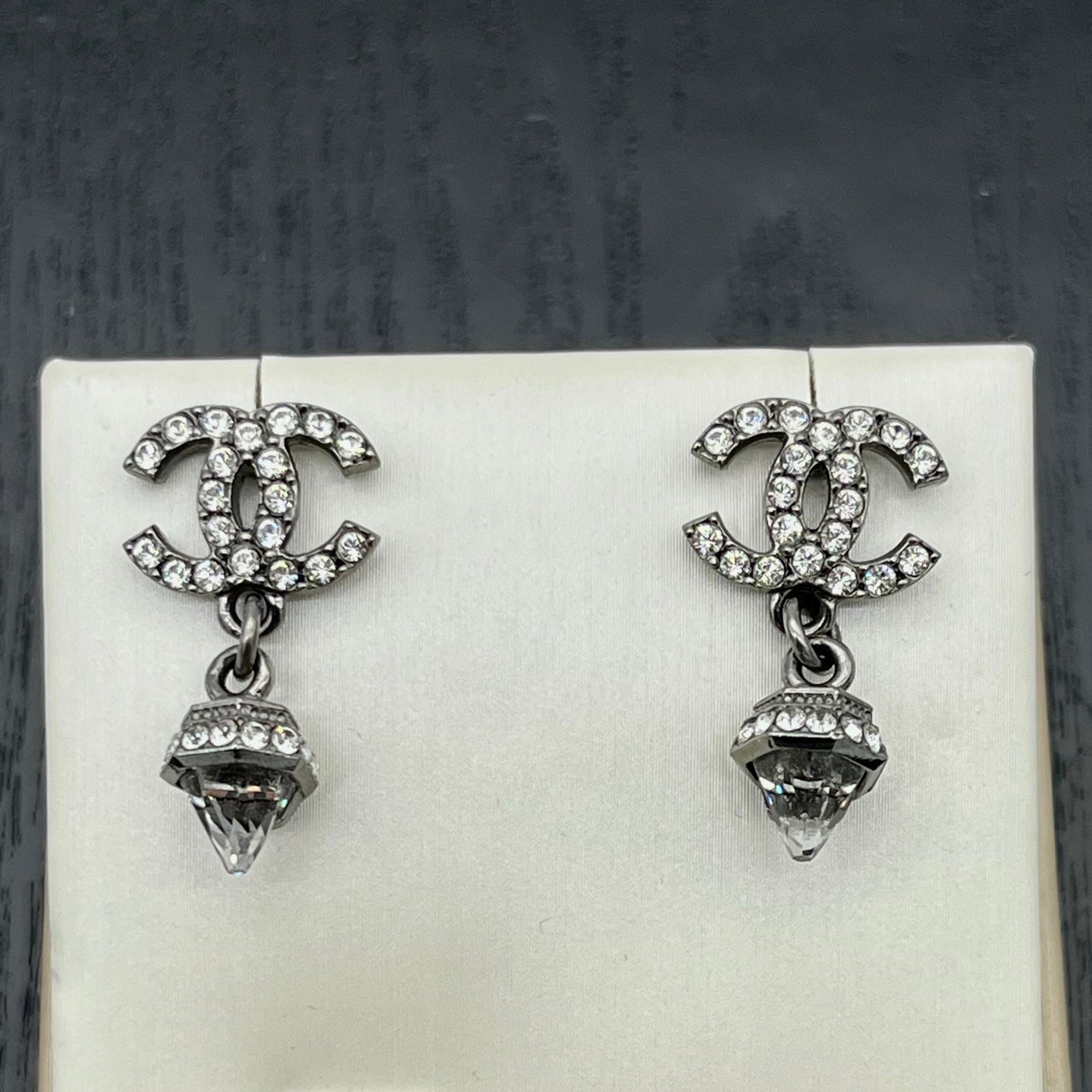 Chanel Silver-Tone Crystal CC Drop Earrings [Used]