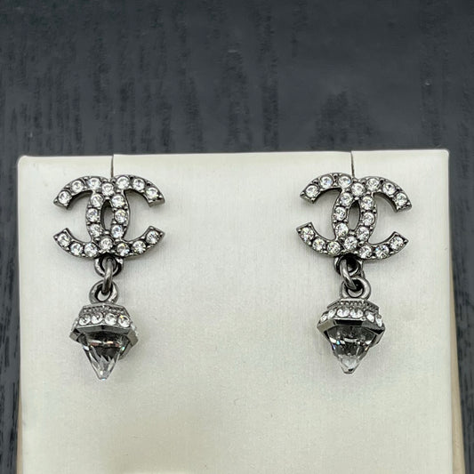 Chanel Silver-Tone Crystal CC Drop Earrings [Used]
