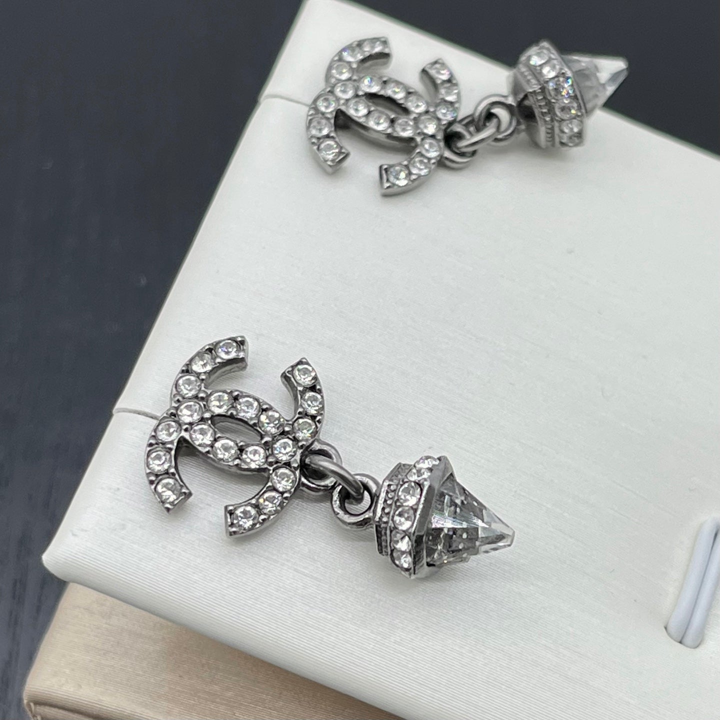 Chanel Silver-Tone Crystal CC Drop Earrings [Used]