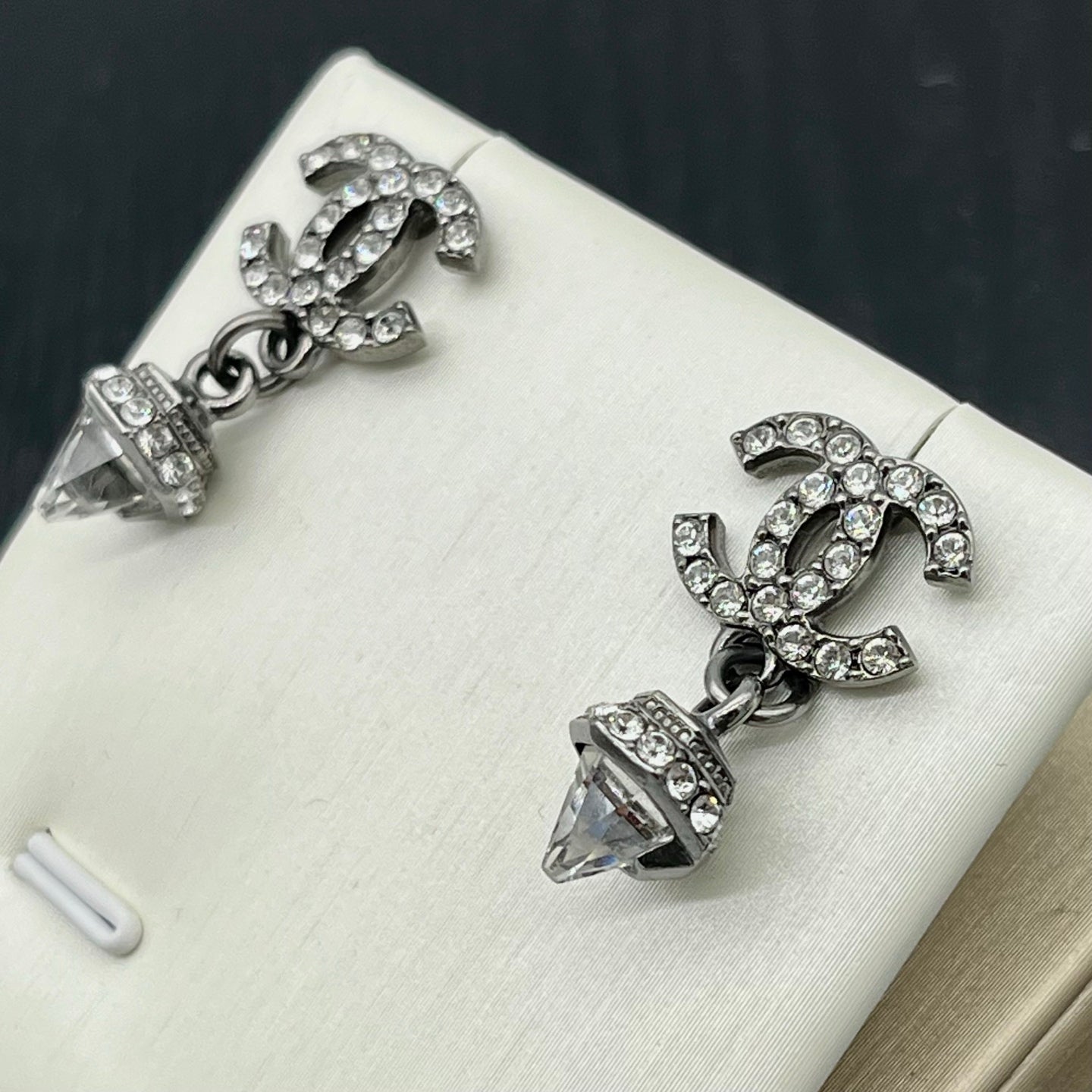 Chanel Silver-Tone Crystal CC Drop Earrings [Used]