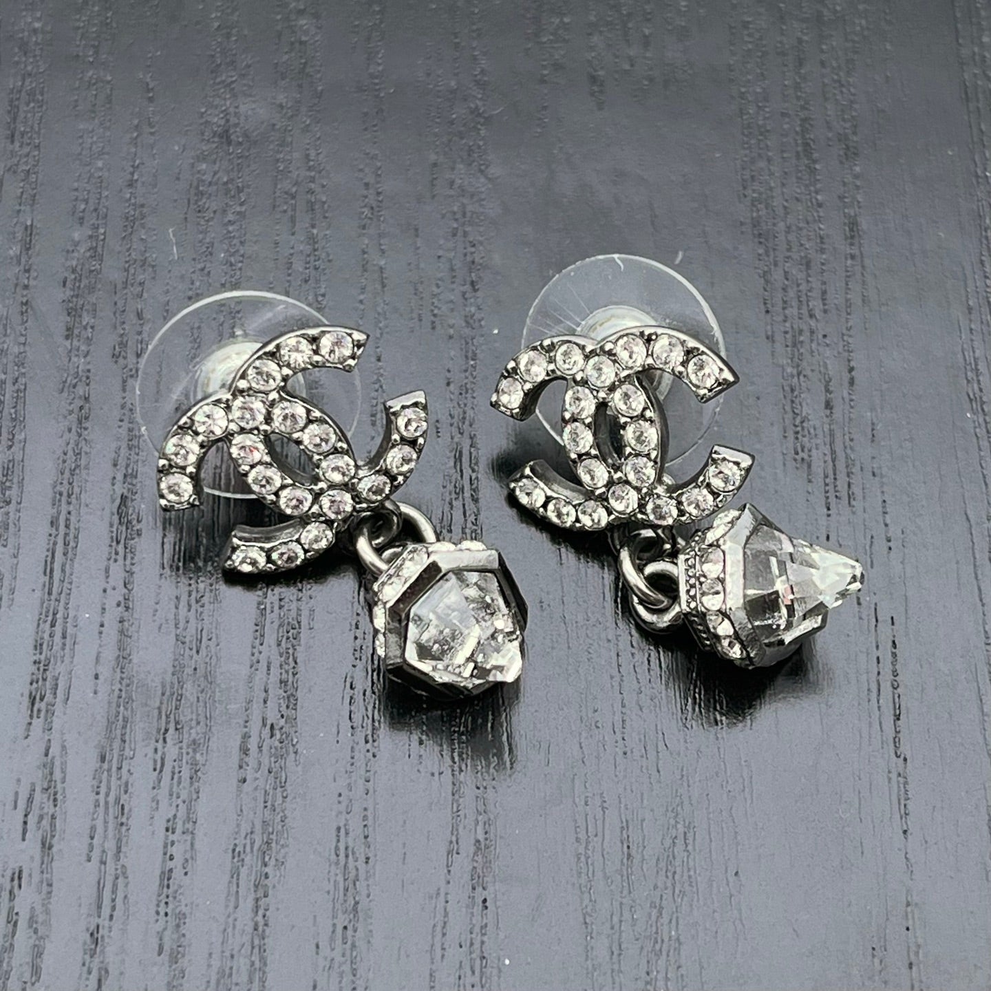 Chanel Silver-Tone Crystal CC Drop Earrings [Used]