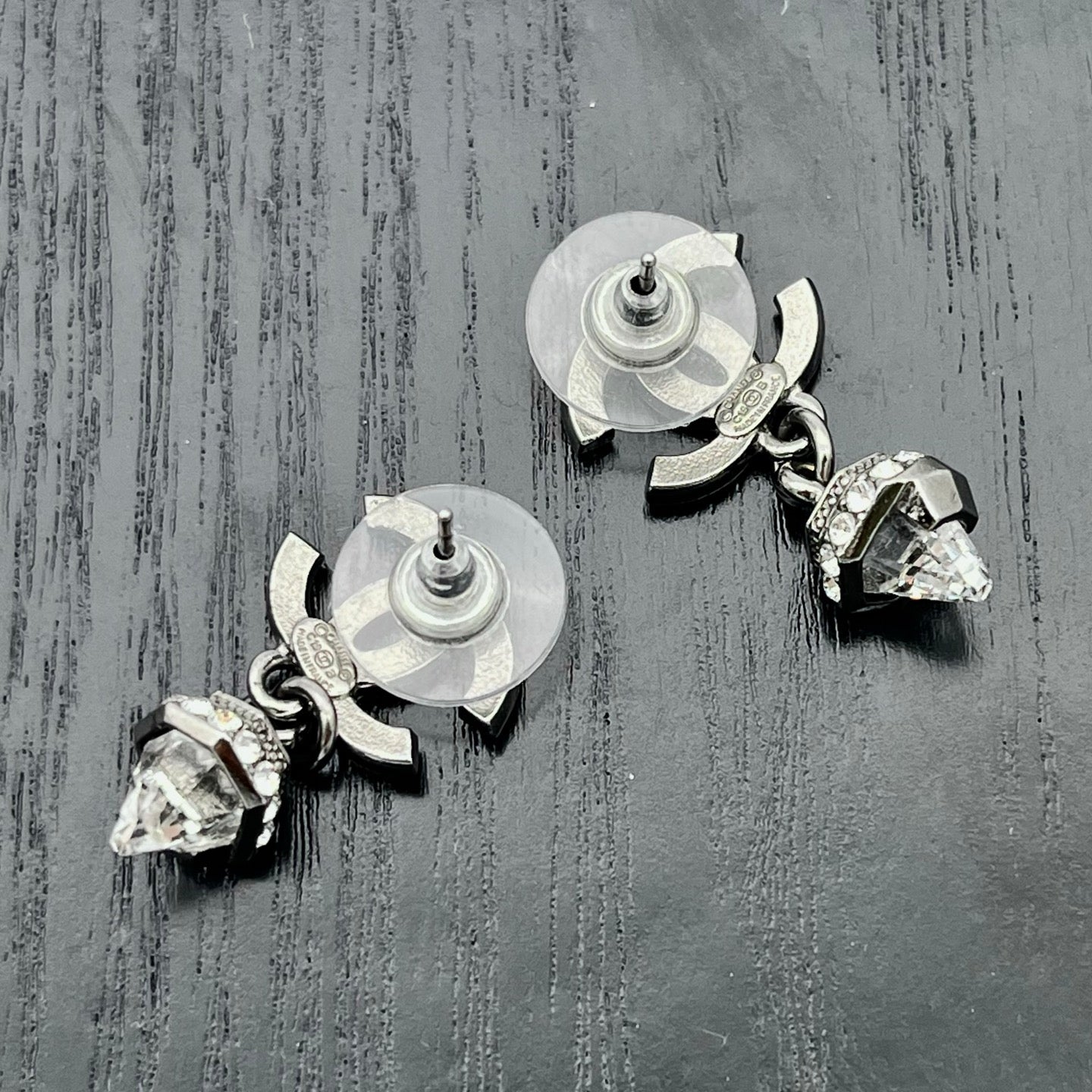 Chanel Silver-Tone Crystal CC Drop Earrings [Used]