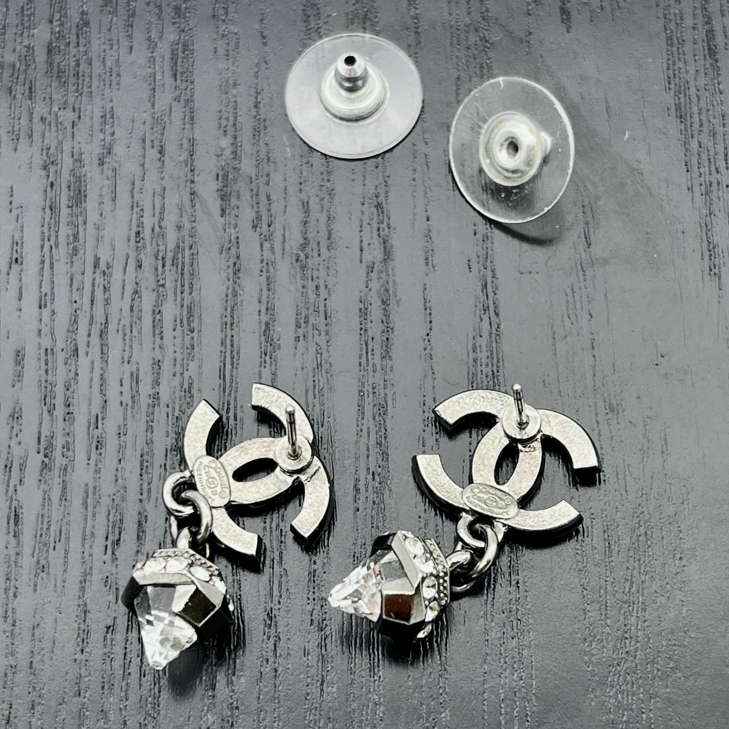 Chanel Silver-Tone Crystal CC Drop Earrings [Used]