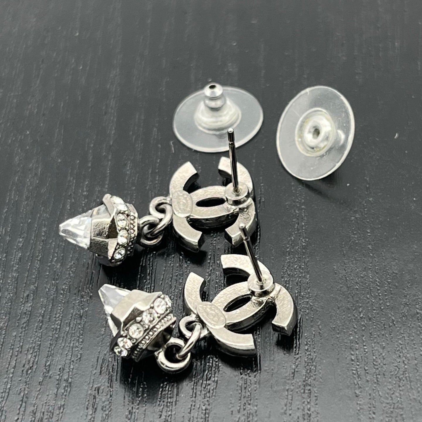 Chanel Silver-Tone Crystal CC Drop Earrings [Used]