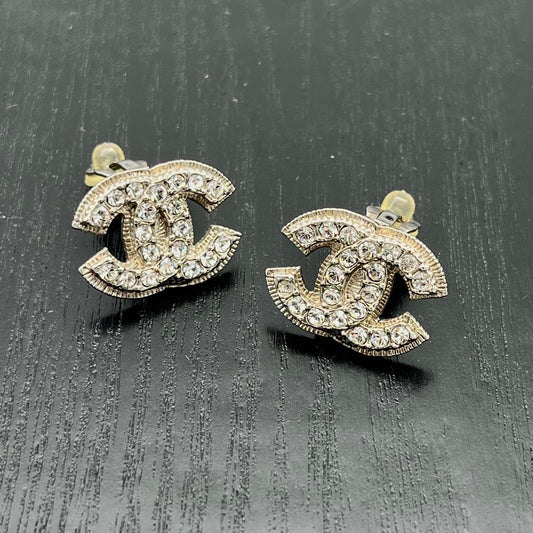 Chanel Silver-Tone Crystal CC Clip-On Earrings [Used]