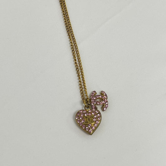 Chanel Antique Gold-Tone Crystal Heart CC Pendant Necklace [Used]