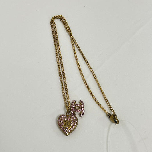 Chanel Antique Gold-Tone Crystal Heart CC Pendant Necklace [Used]