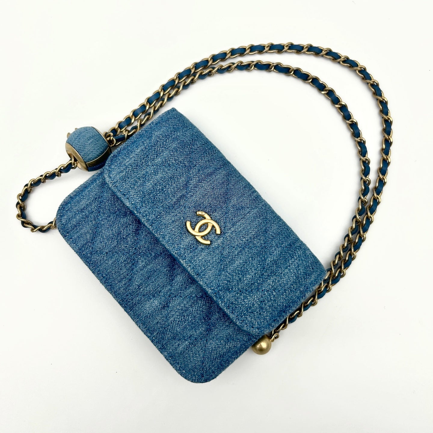 Chanel 22C Denim Gold Ball Mini Waist Bag [Unused / Full Set]