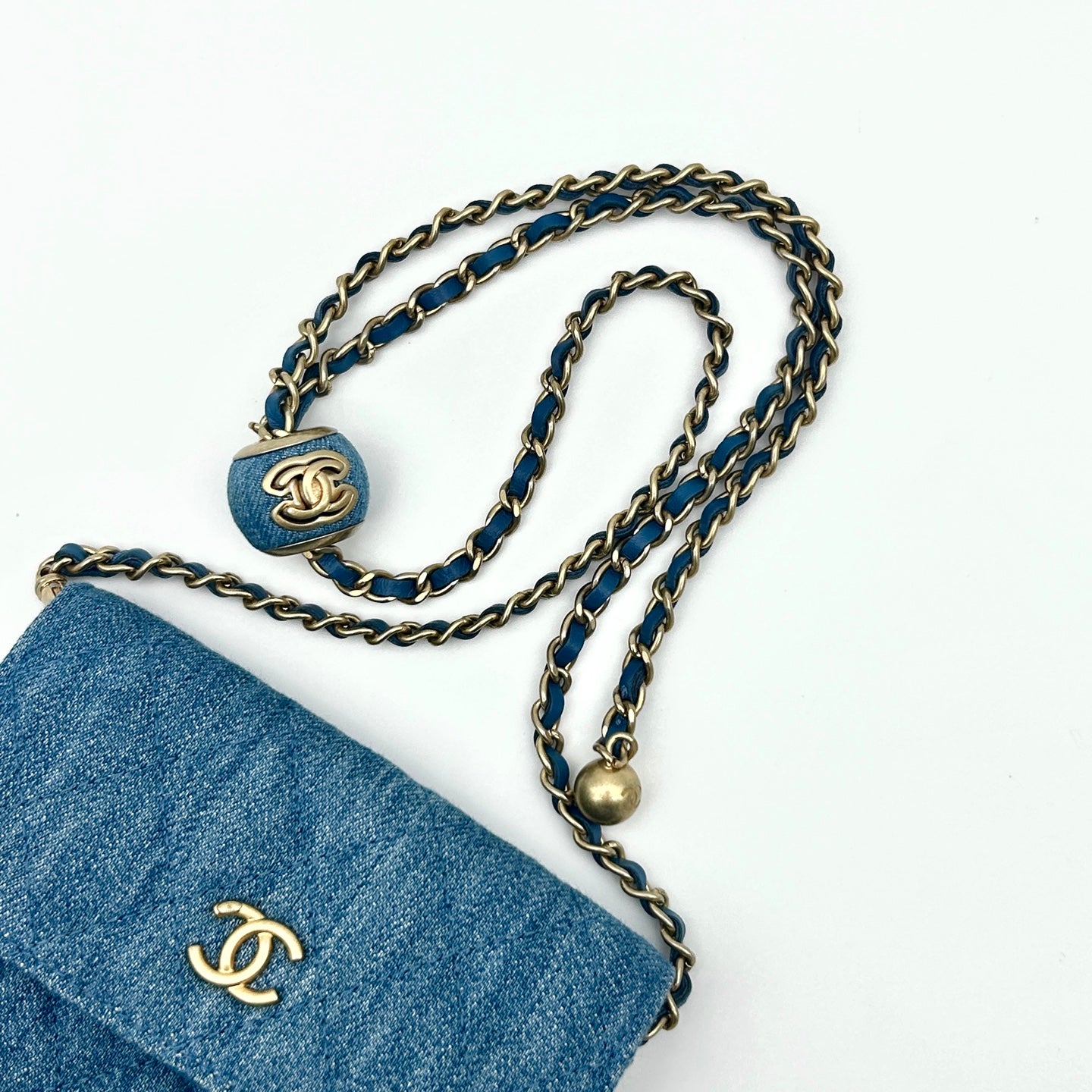 Chanel 22C Denim Gold Ball Mini Waist Bag [Unused / Full Set]
