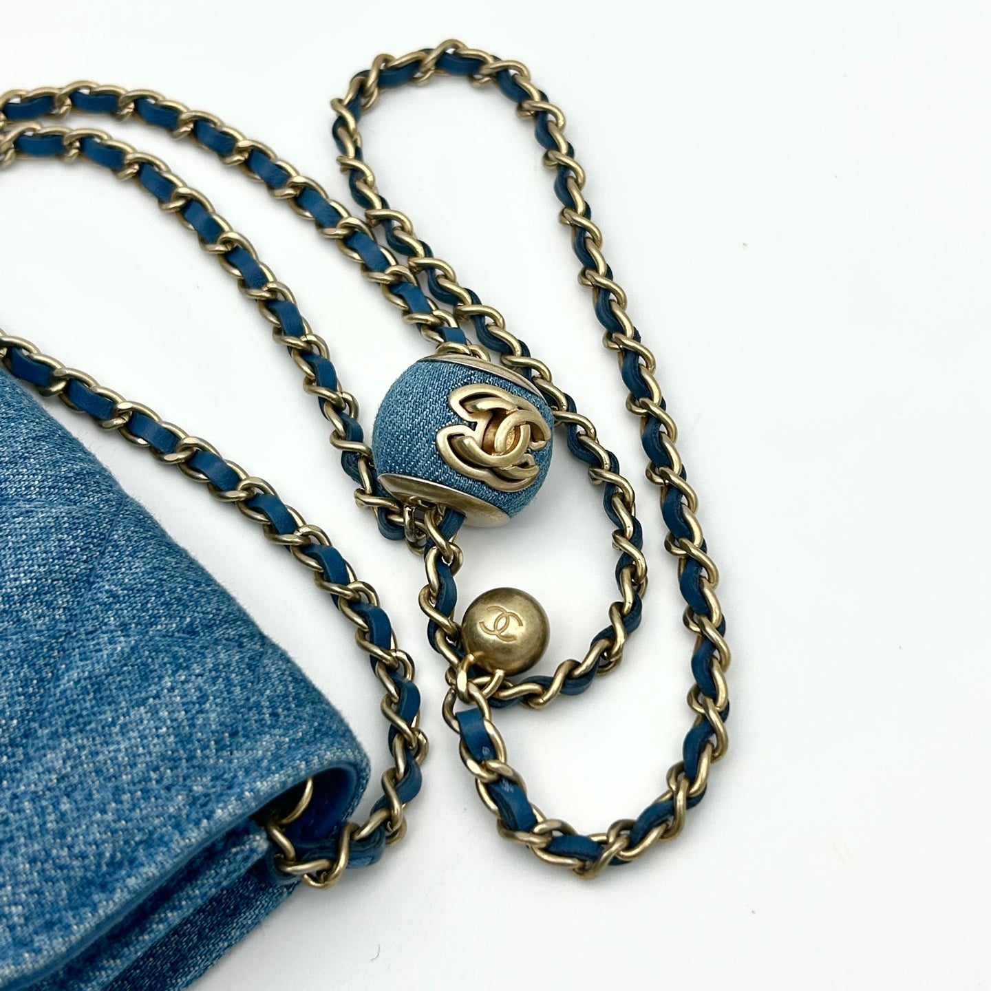Chanel 22C Denim Gold Ball Mini Waist Bag [Unused / Full Set]