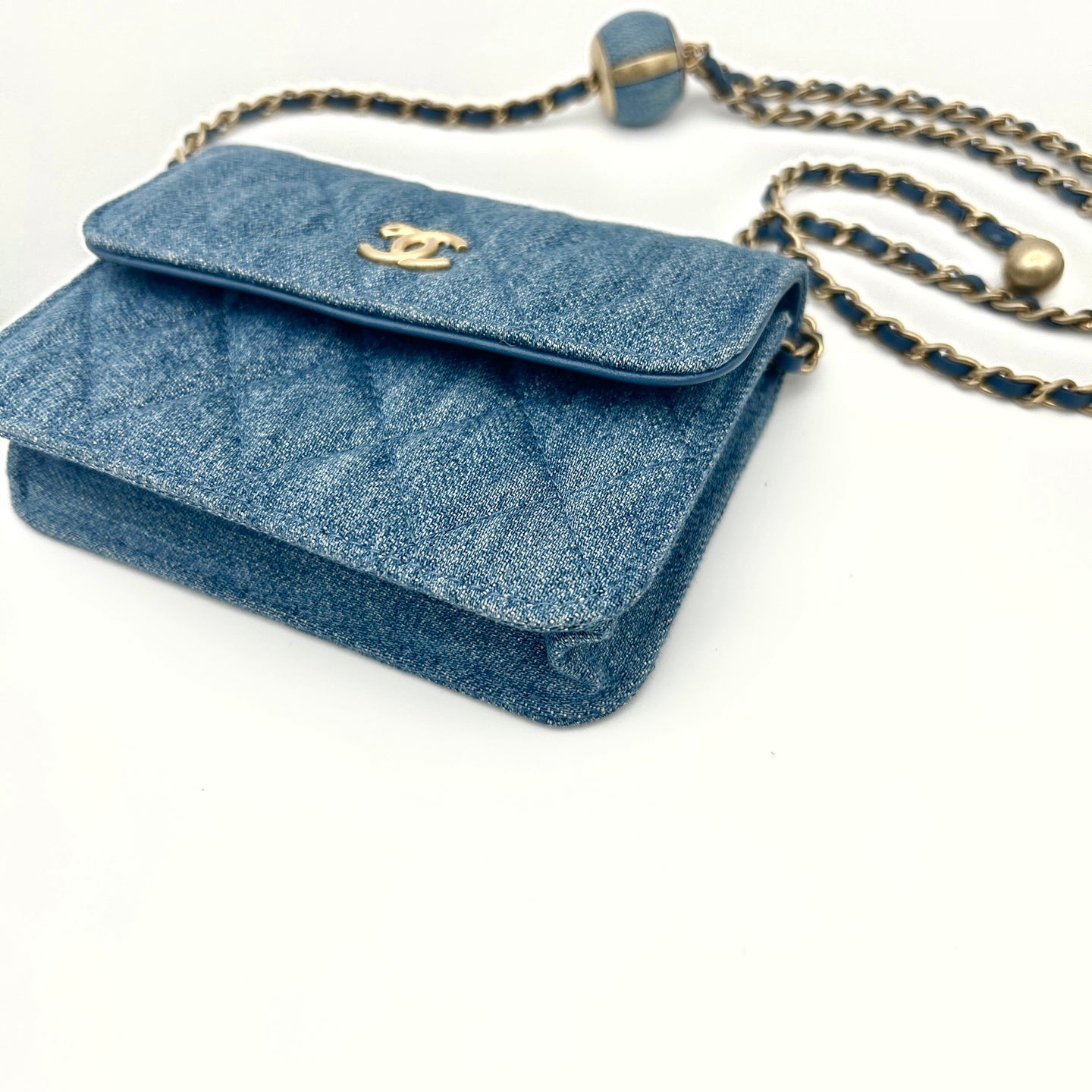 Chanel 22C Denim Gold Ball Mini Waist Bag [Unused / Full Set]