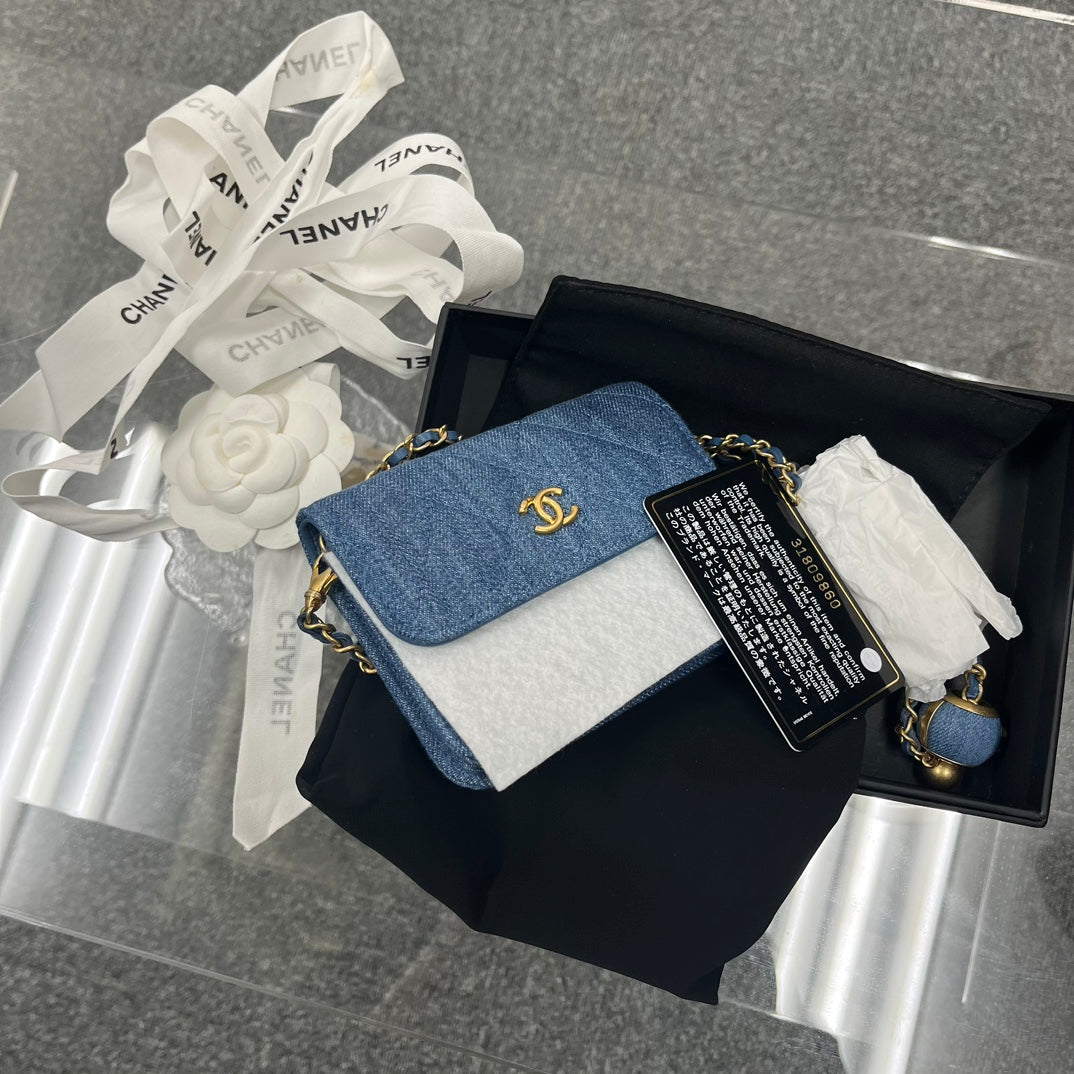 Chanel 22C Denim Gold Ball Mini Waist Bag [Unused / Full Set]
