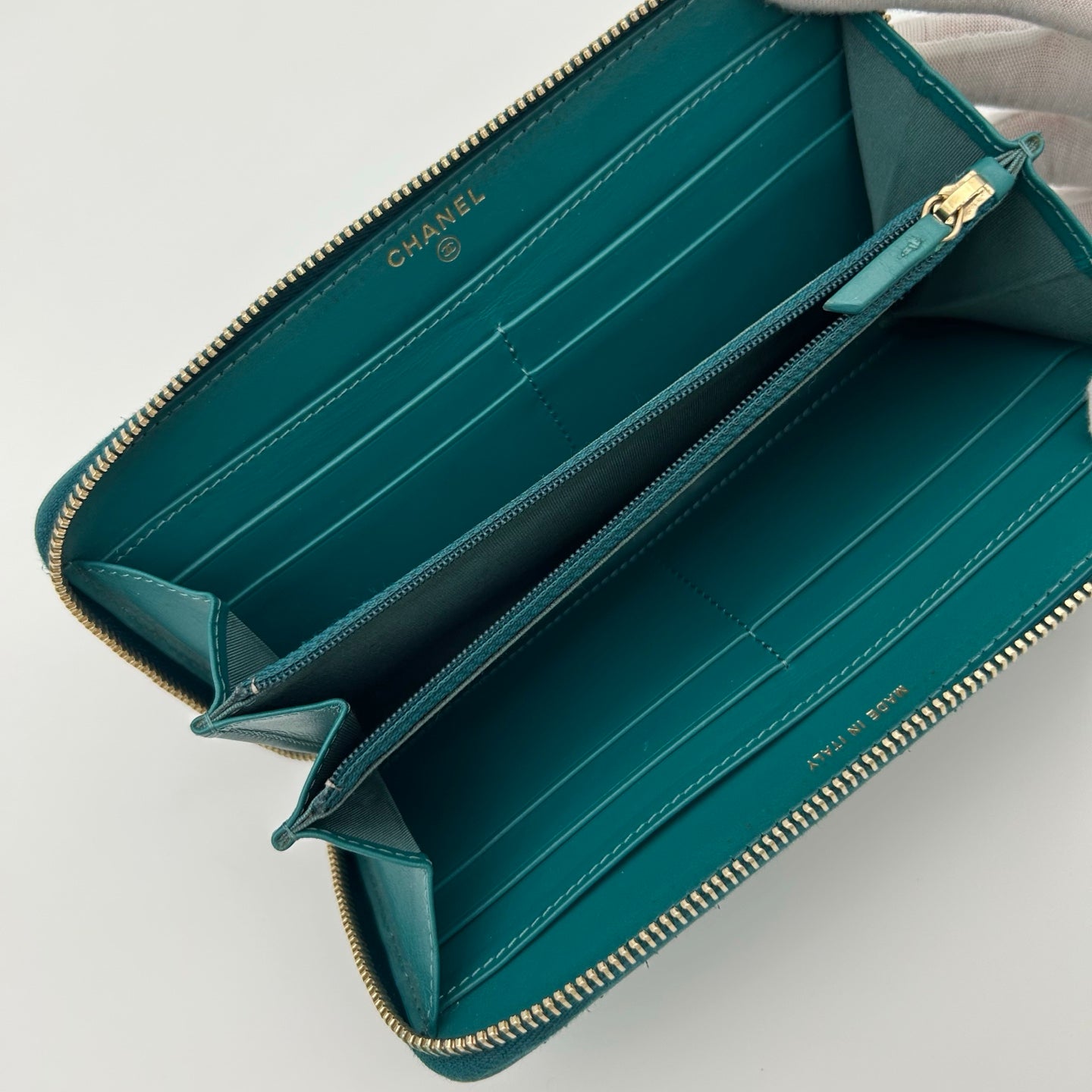 Chanel Peacock Green Lambskin Quilted Long Zip Wallet with Gold Hardware [Used]