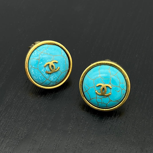 Chanel Vintage Turquoise & Gold-Tone CC Clip-On Earrings [Used]